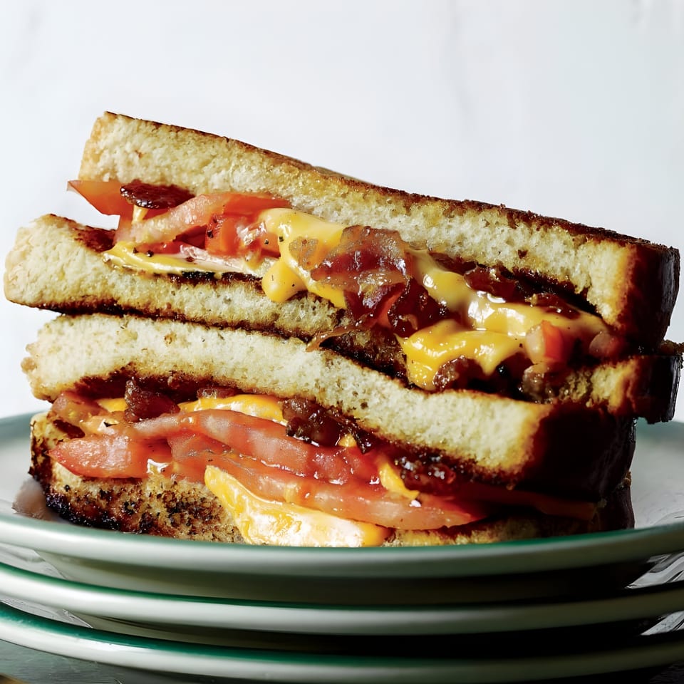 A stacked grilled cheese sandwich with melted cheese, bacon, and tomatoes on toasted bread.